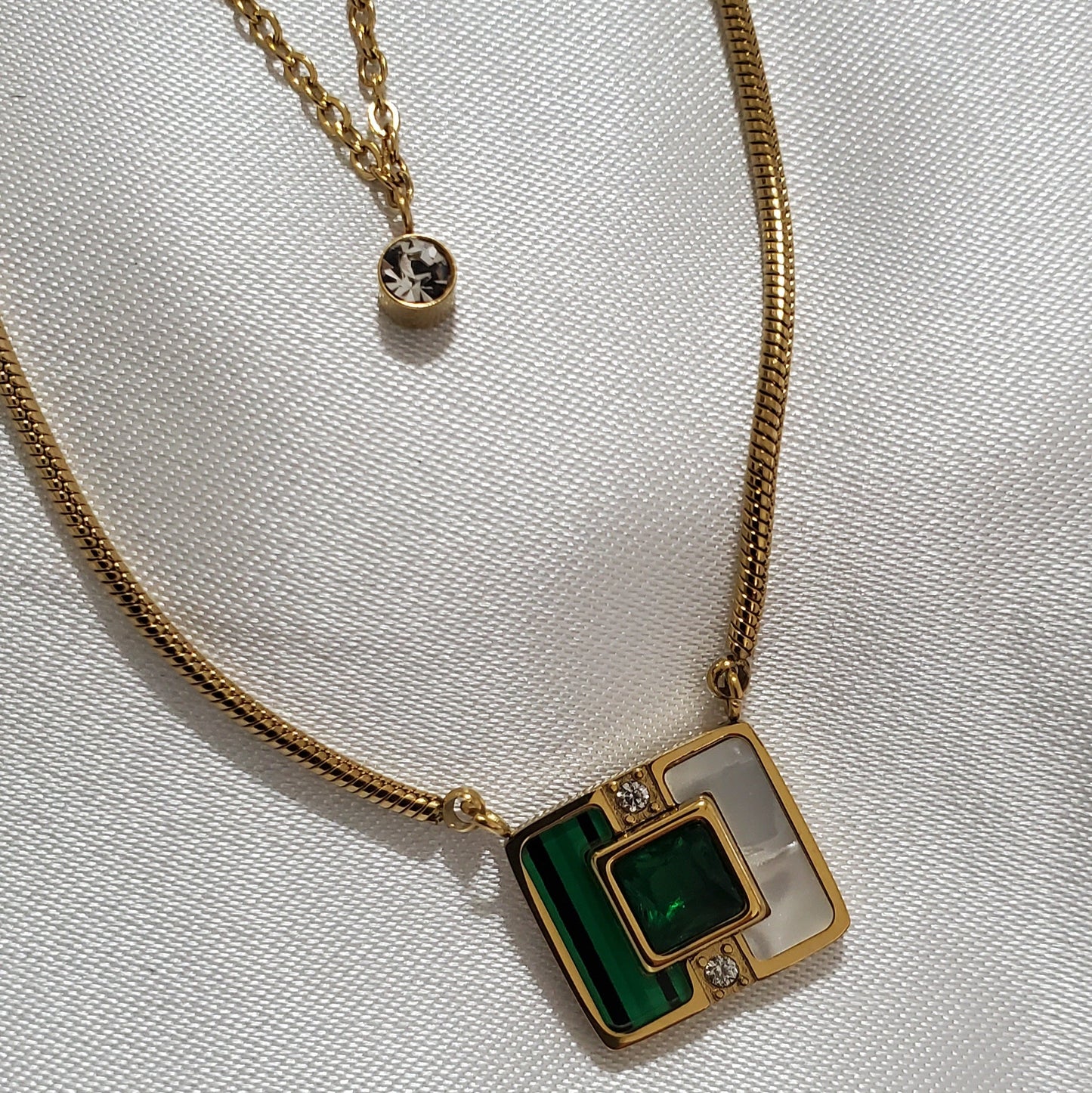 18K Gold Plated Stainless Steel Doble Chain Green Pendant Necklaces