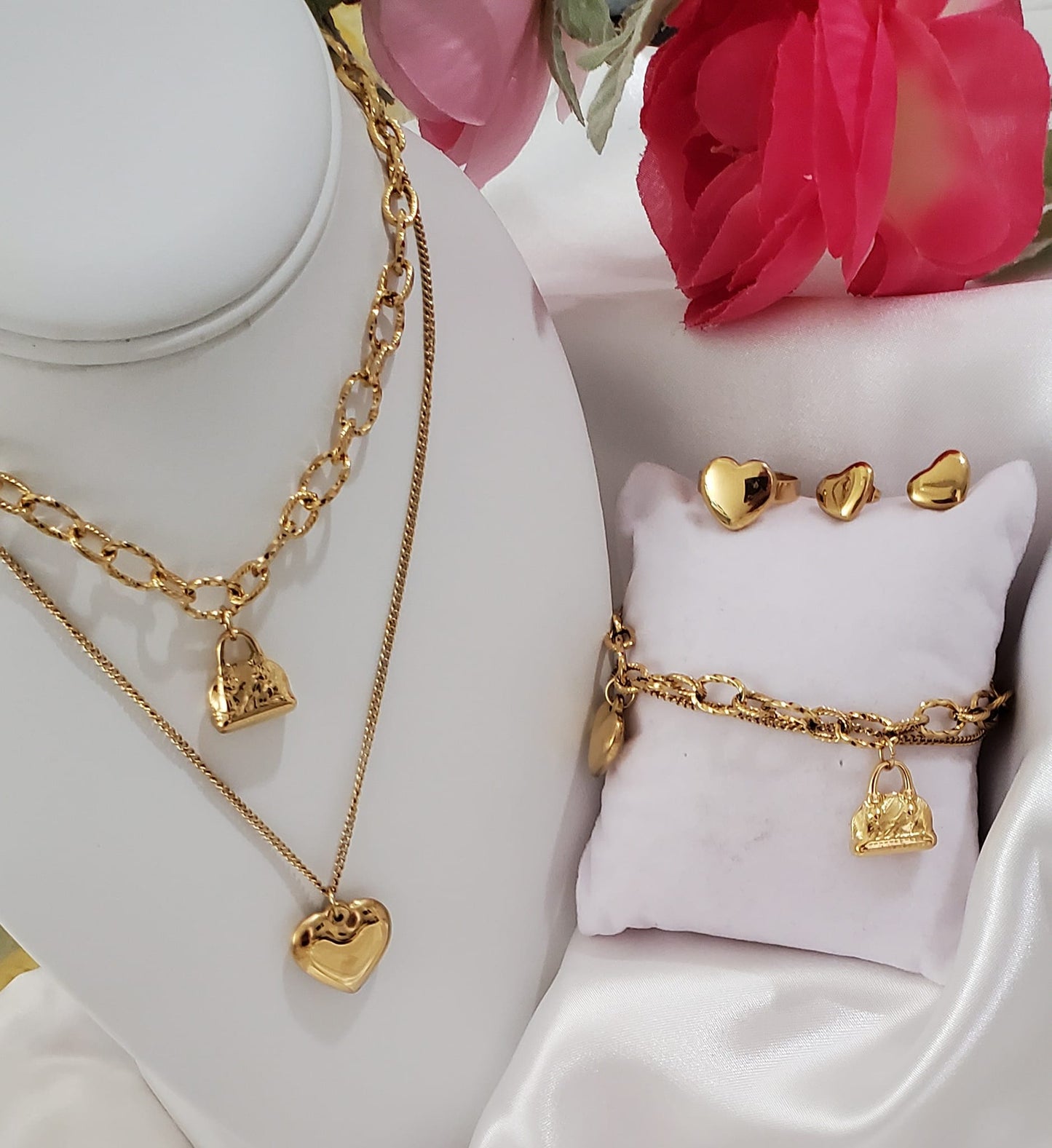18K Gold Plated Heart Jewelry Set | Necklace, Earrings, Ring & Bracelet 4pcs
