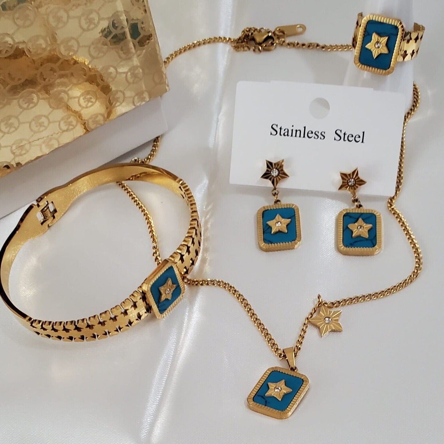 Sky Blue & Gold Star Jewelry Set | 4pcs Gold Plated Stainless Steel | Necklace, Earrings, Bracelet & Ring