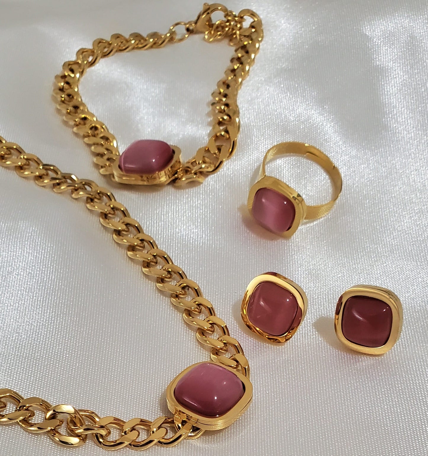 18K Gold Plated Stainless Steel Pink Cuban Chain 4-Piece Jewelry Set