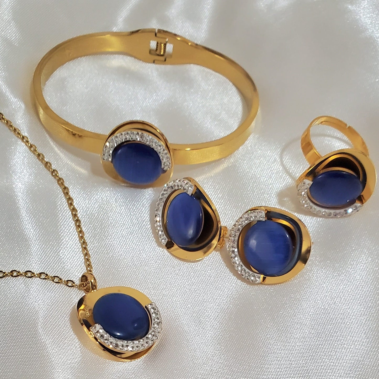 Navy Blue & Gold Jewelry Set | 4pcs with Simulated Diamond Details | Necklace, Earrings, Bracelet & Ring