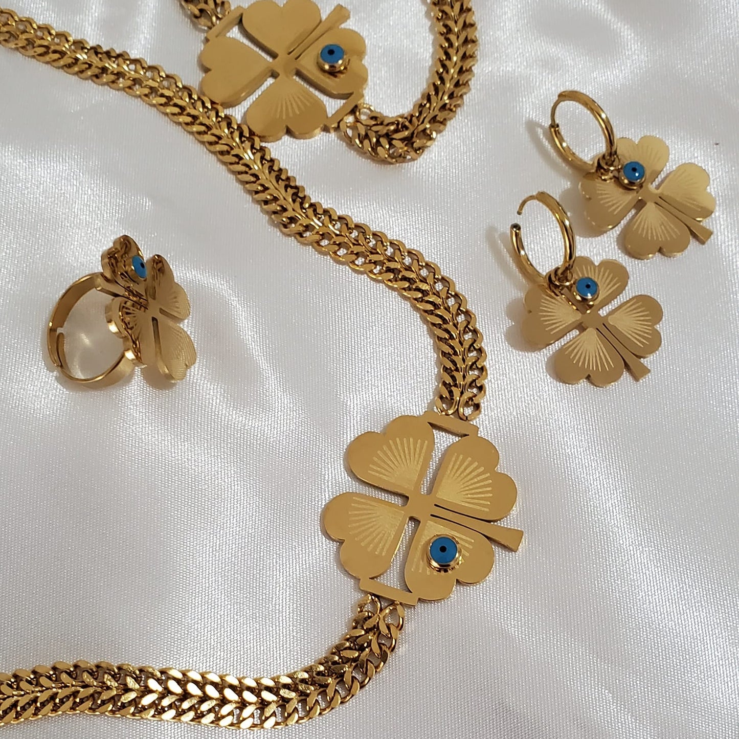 18K Gold Plated Turquoise Clover Jewelry Set | 4pcs Stainless Steel | Necklace, Earrings, Ring & Bracelet