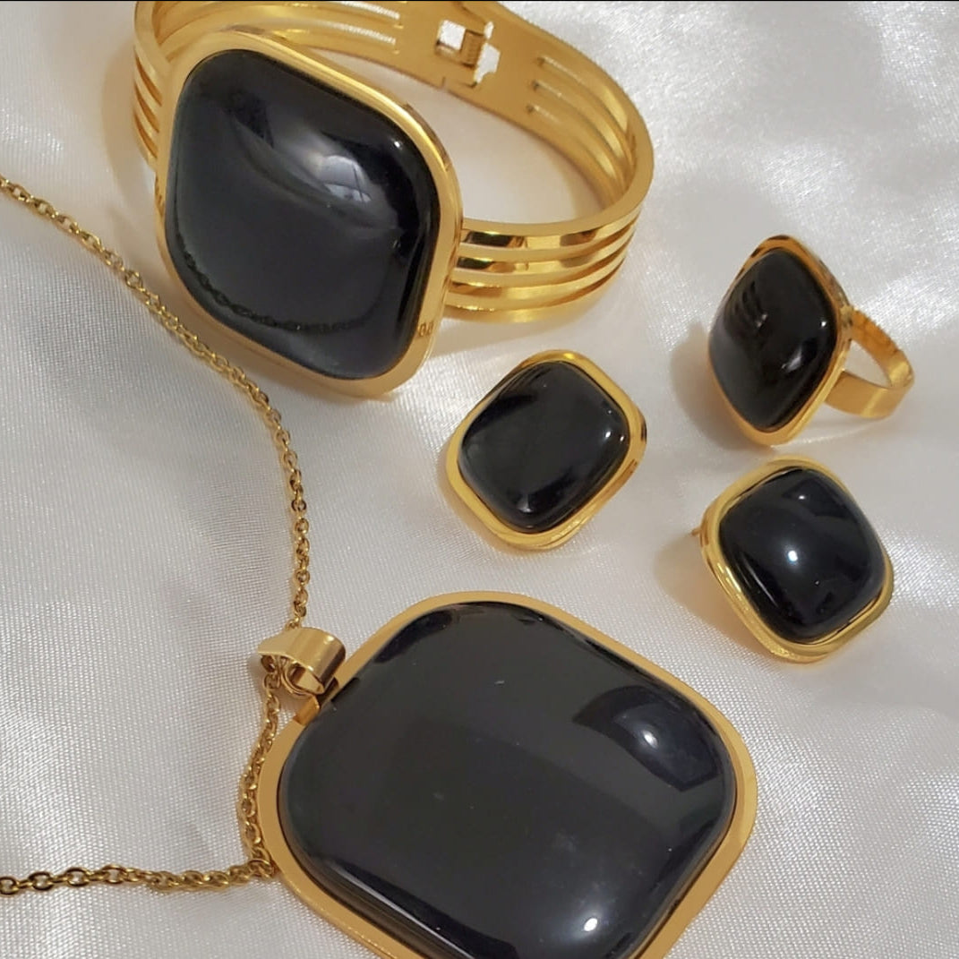18K Gold Plated Stainless Steel Black & Gold Enamel 4-Piece Jewelry Set