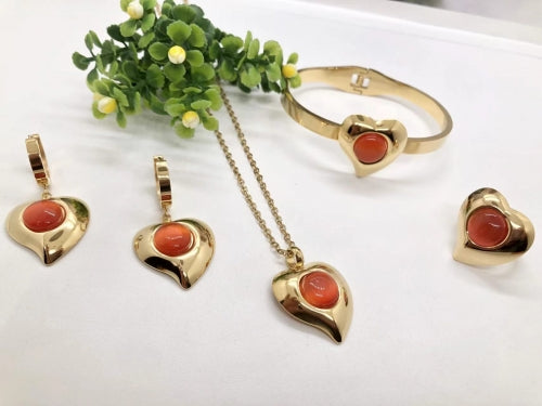 18K Gold Plated Heart Jewelry Set | 4pcs Stainless Steel | Necklace, Earrings, Ring & Bracelet