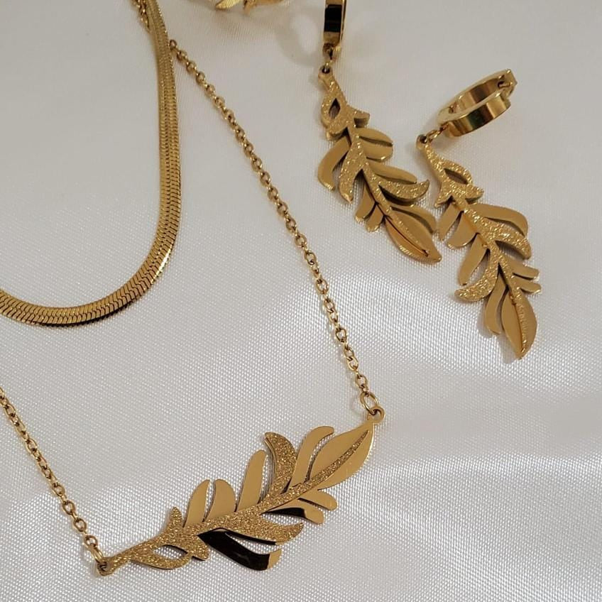 18K Gold Plated Stainless Steel Leaf & Branch 3-Piece Jewelry Set
