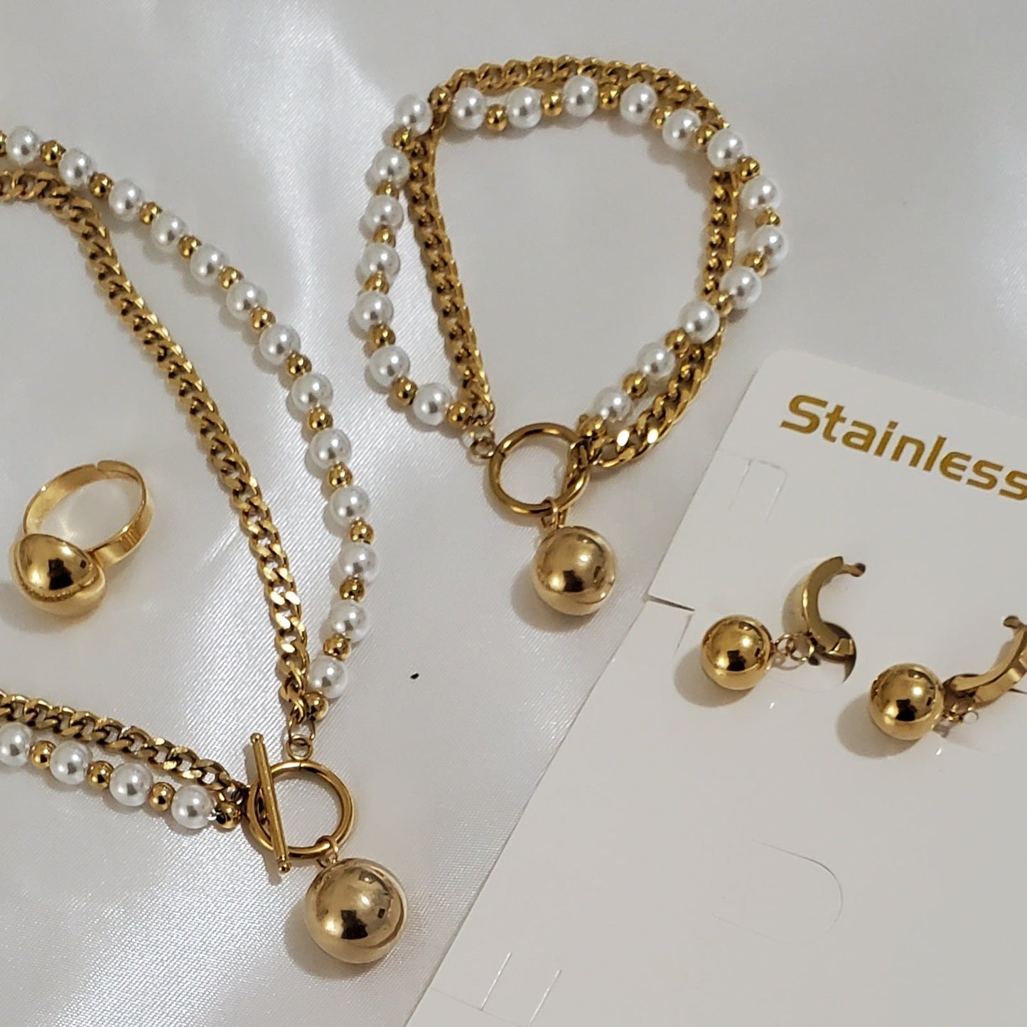18K Gold Plated Stainless Steel Faux Pearl Double Chain 4-Piece Jewelry Set