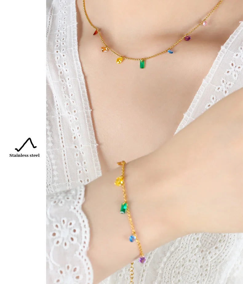 Multicolor CZ Charm Necklace & Bracelet