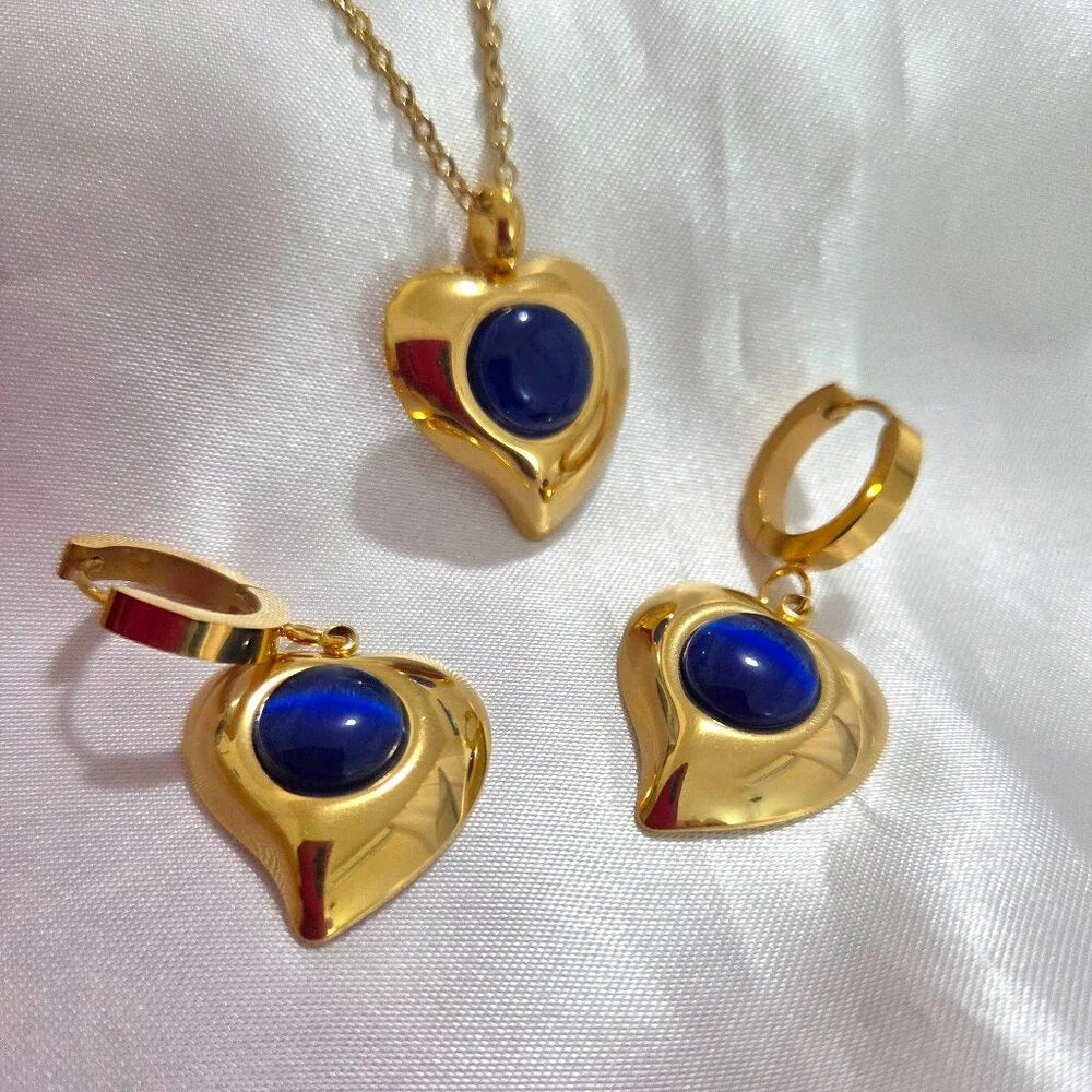 Stainless Steel 18K Gold Plated Blue Heart Necklaces Earrings Set