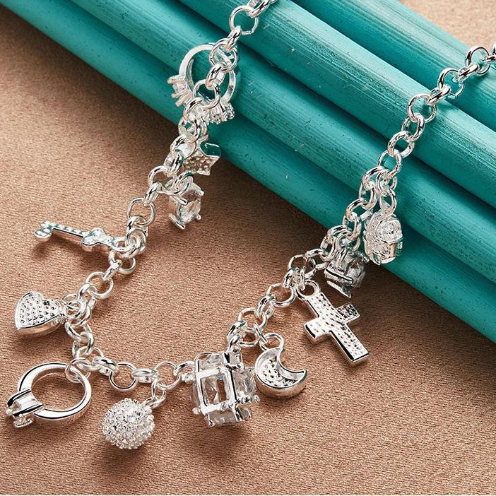 S925 Sterling Silver 12-Charm Mixed 2-Piece Jewelry Set – Necklace & Bracelet