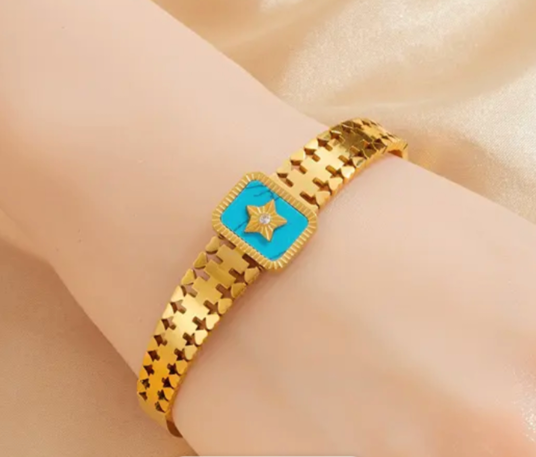 18K Gold Plated Stainless Steel Blue Star Bangle Bracelet