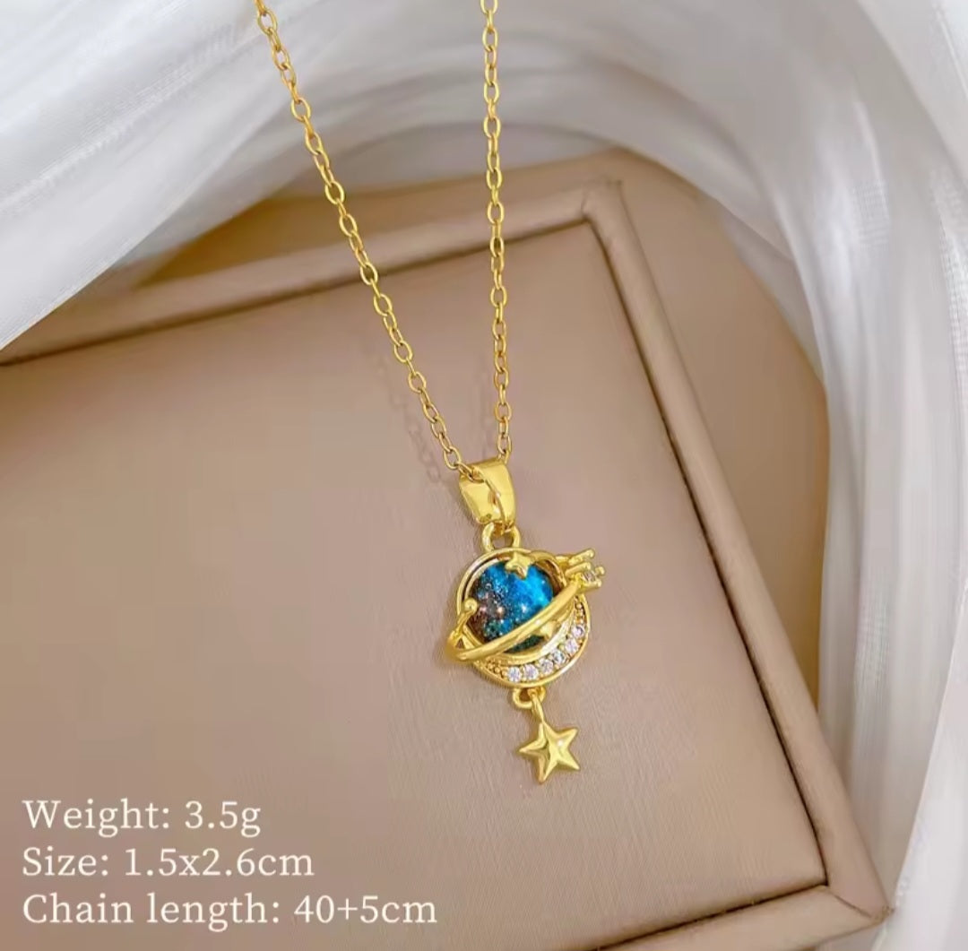Celestial Galaxy Planet Necklace Blue Rhinestone Star Pendant
