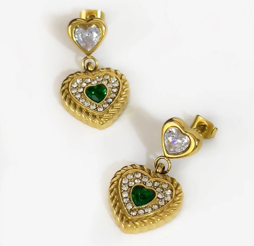 18K Gold Plated Green Emerald Heart Rhinestone 4 pcsJewelry Set
