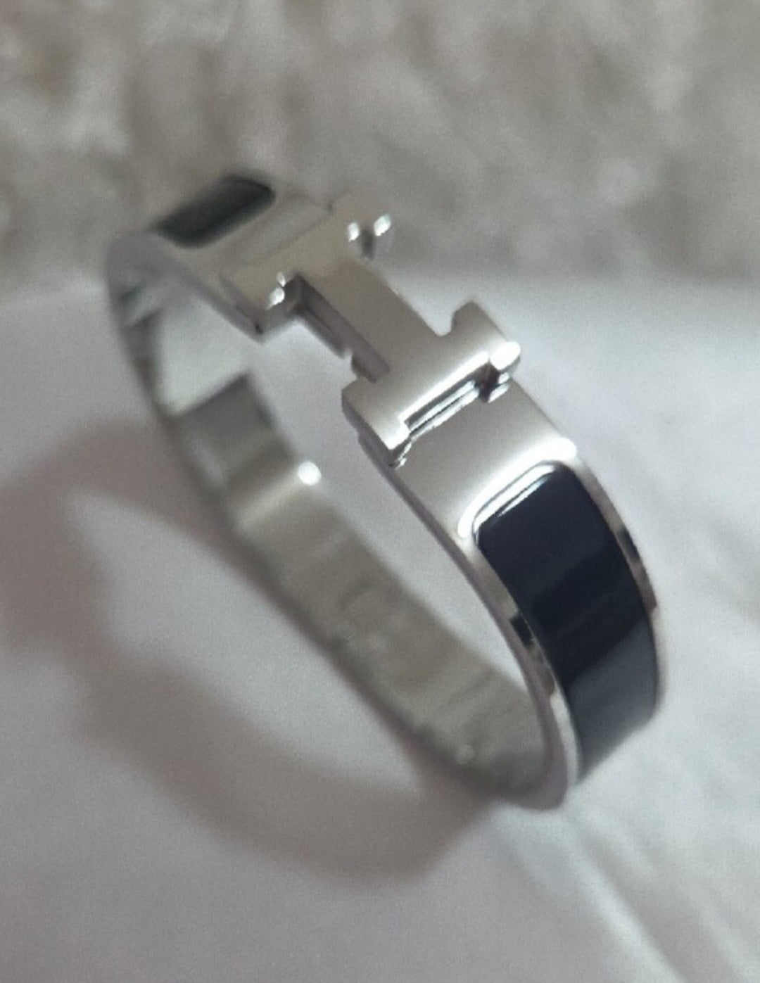 Hermes Style Gold-Plated Enamel Silver BlackBangle Bracelet