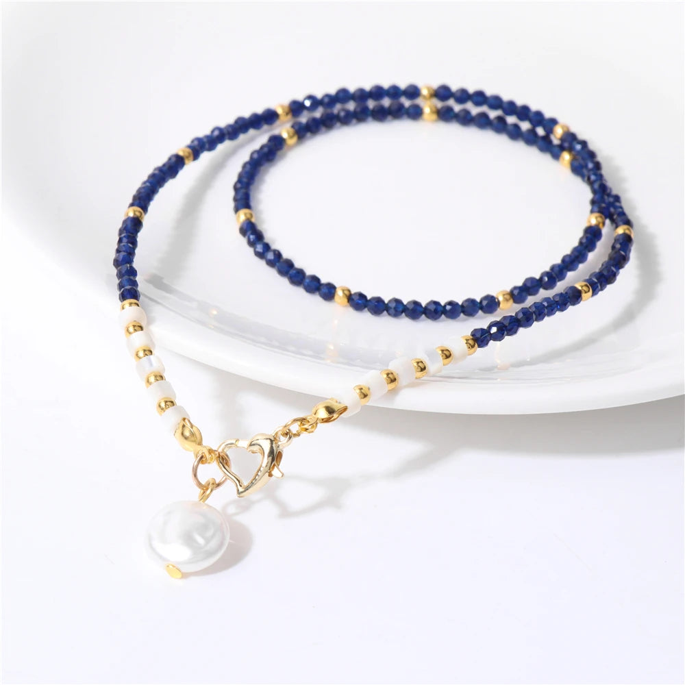 18K Gold Plated Stainless Steel Natural Stone Bead & Faux Pearl Pendant Necklace – 45cm