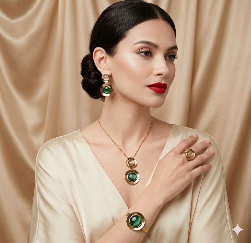 18K Gold Plated Stainless Steel Green & White Pearl 4-Piece Jewelry Set