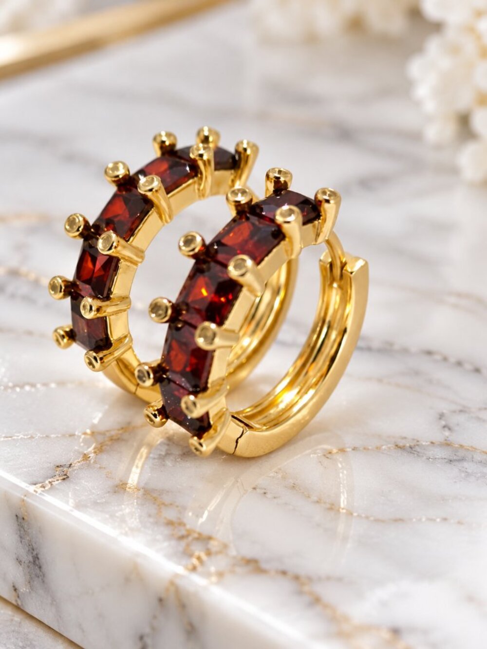 14k Laminated Gold Hoop Earrings with Garnet-Red Stones