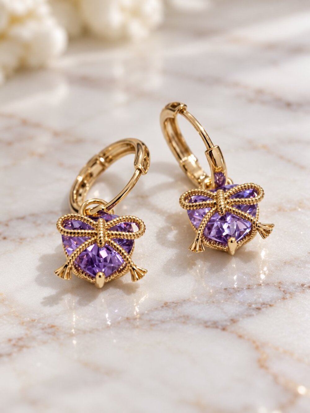 Gold Laminated Purple Crystal Bow Hoop Earrings