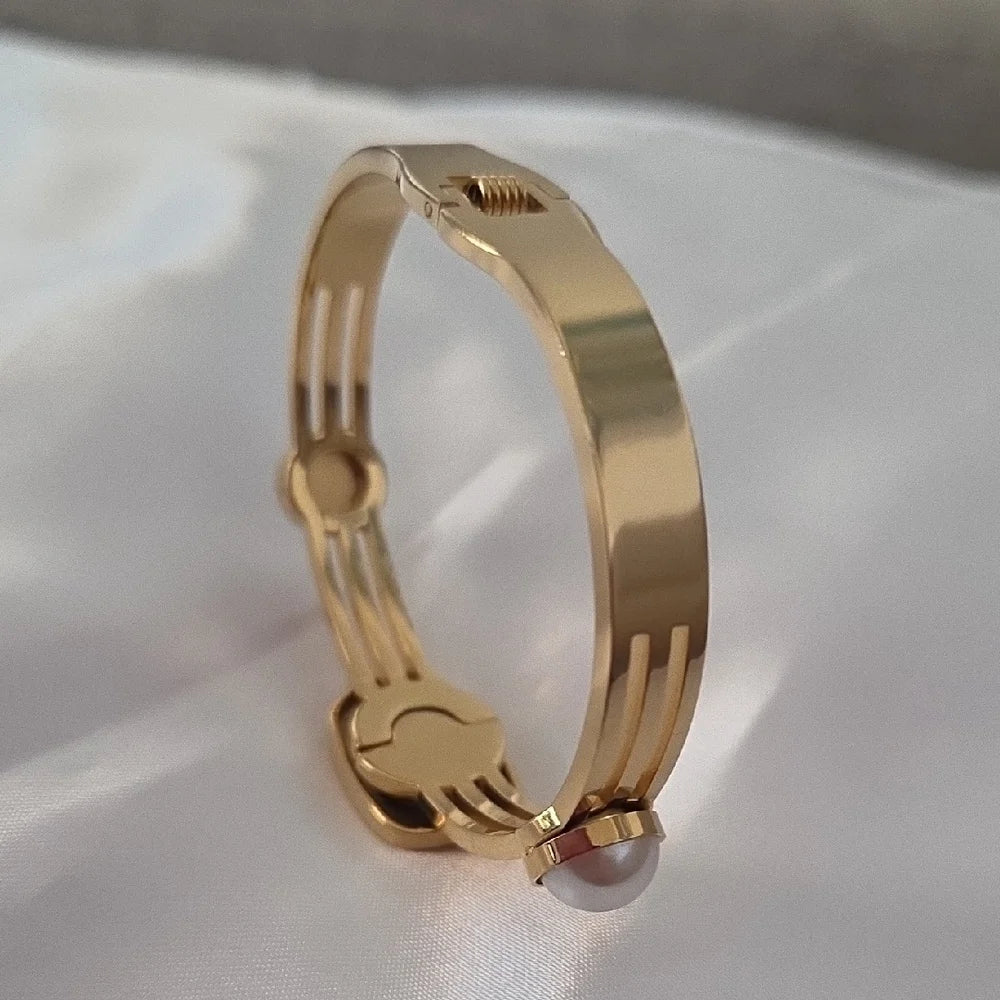 18K Gold Plated White Pearl Bangle Bracelet