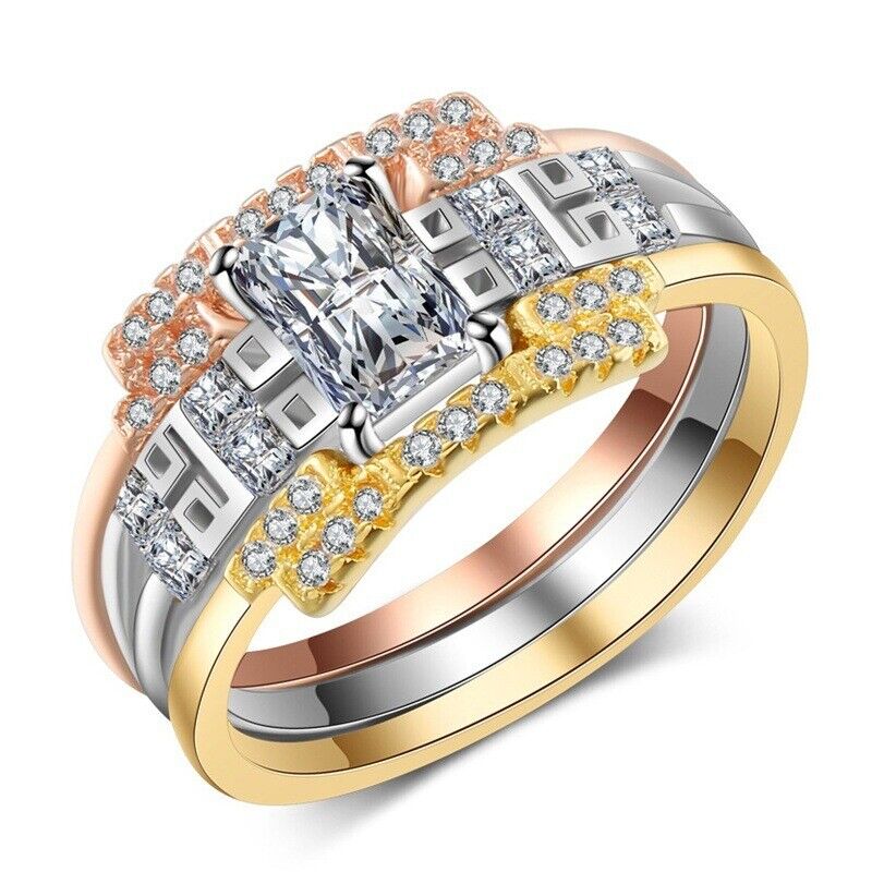 Set de Boda Anillo de Compromiso Tres tonos con Circonia Brillante