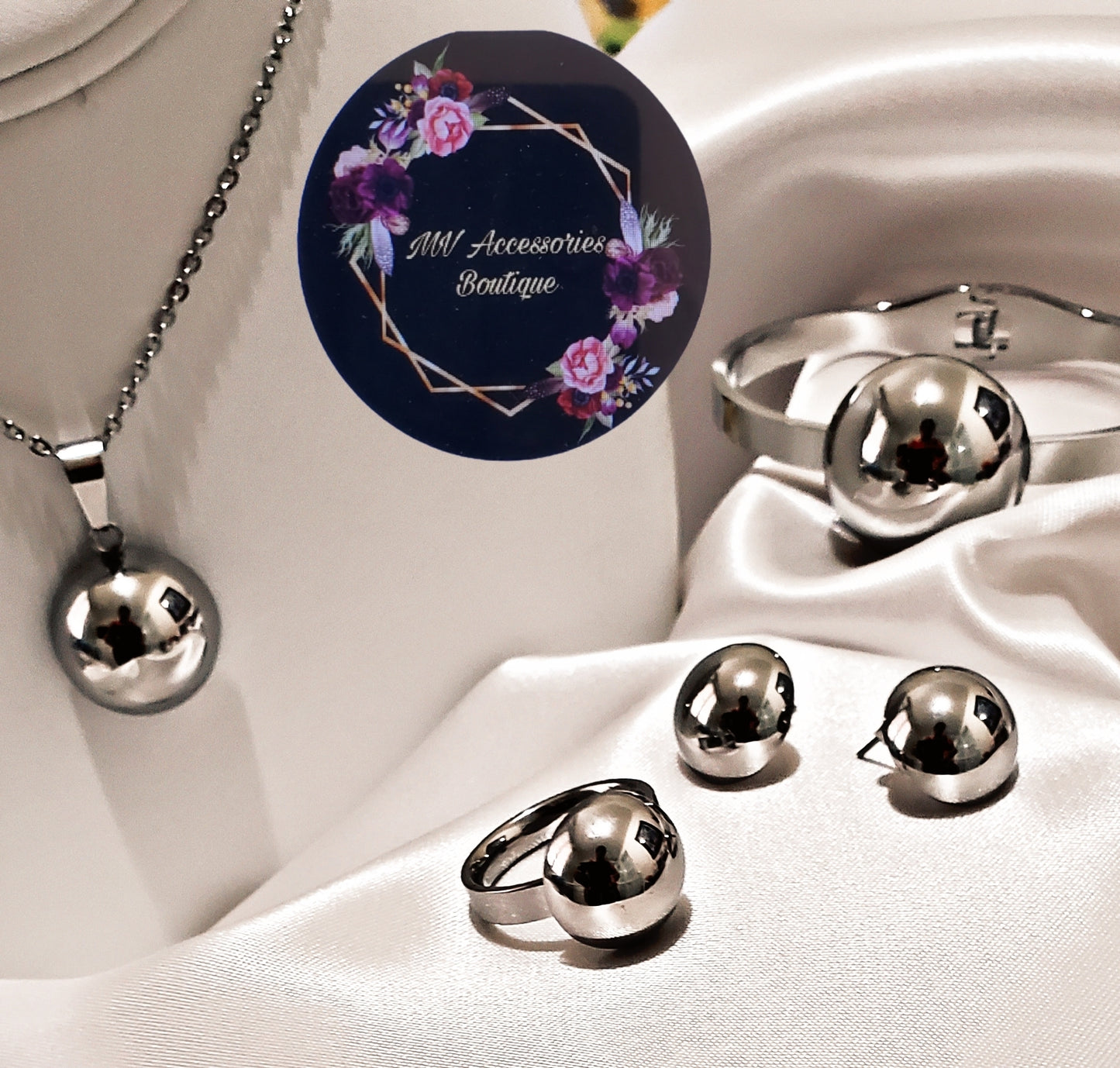 Stainless Steel Silver Ball Jewelry Set – Necklace, Earrings, Ring & Bangle (4 pcs)