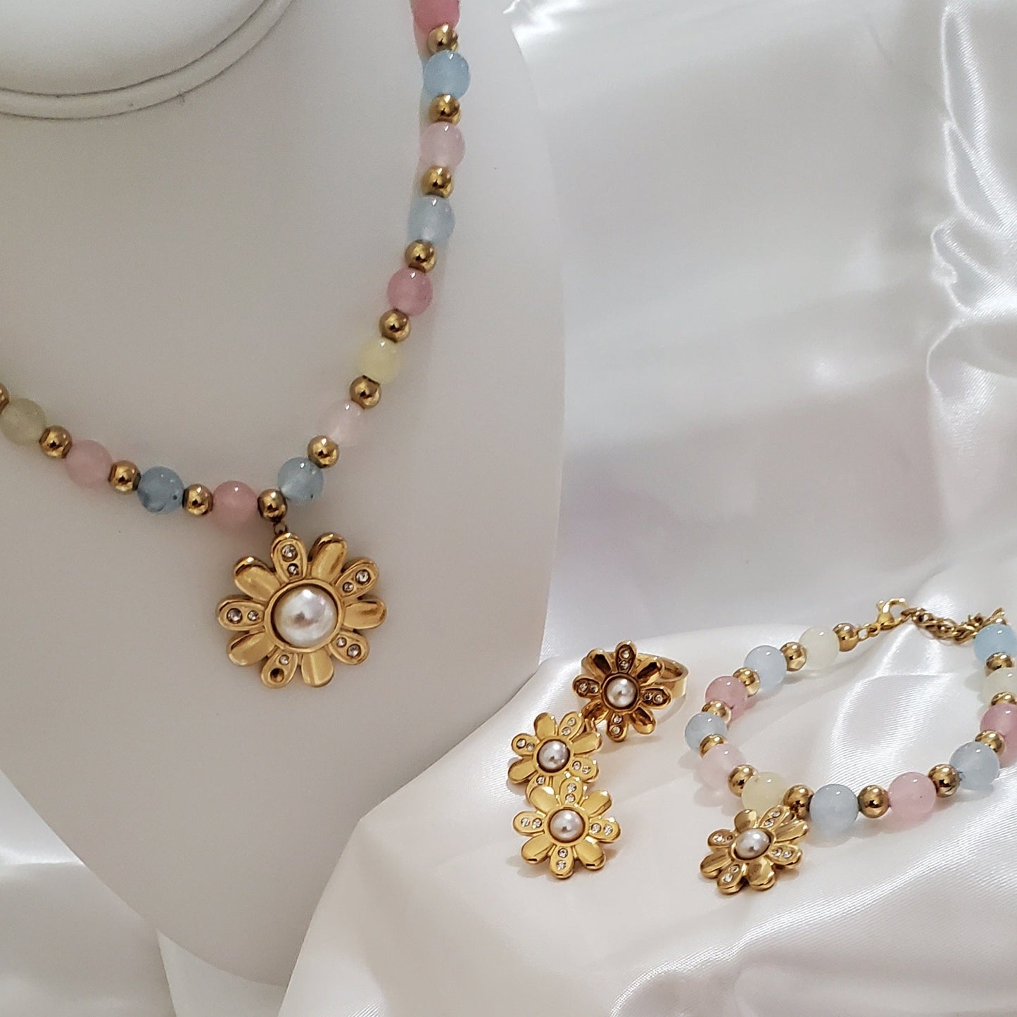 18K Gold Plated Stainless Steel Flower Pearl & Pastel Bead Jewelry Set – Necklace, Earrings, Ring & Bracelet (4 pcs)