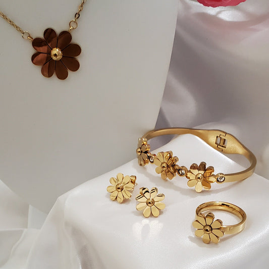 18K Gold Plated Stainless Steel Classic Daisy Flower Jewelry Set – Necklace, Bracelet, Ring & Earrings (4 pcs)