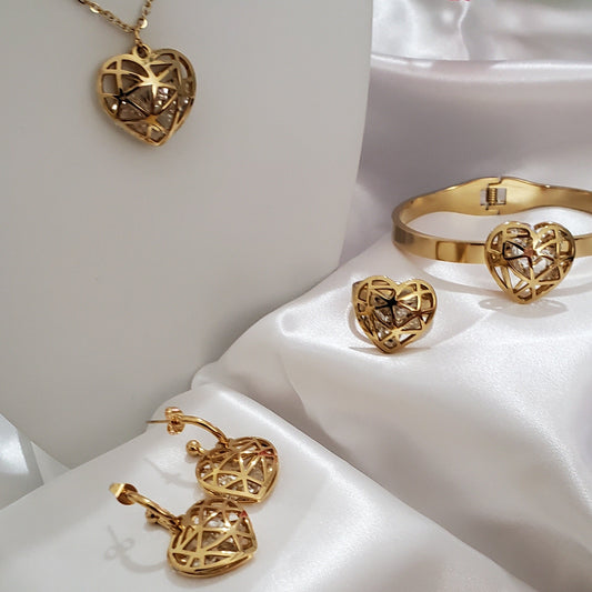 18K Gold Plated Stainless Steel Heart Jewelry Set – Necklace, Earrings, Ring & Bracelet with CZ (4 pcs)