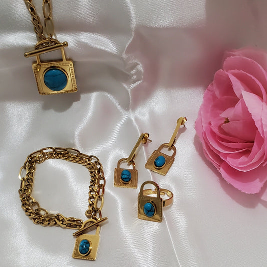 18K Gold Plated Stainless Steel Luxury Turquoise Lock Jewelry Set – Necklace, Earrings, Ring & Bracelet (4 pcs)