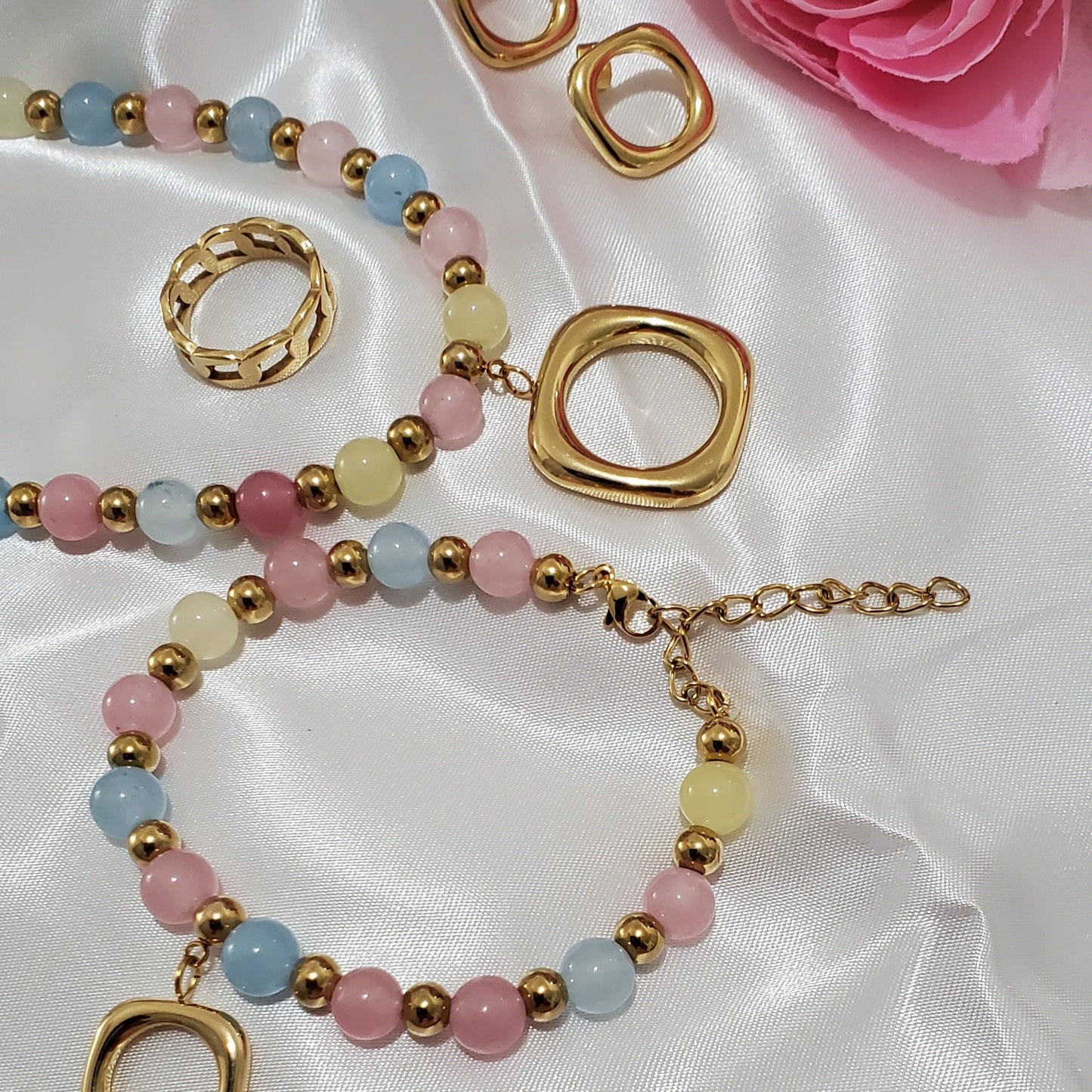 18K Gold Plated Stainless Steel Luxury Pastel Bead Jewelry Set – Necklace, Earrings, Bracelet & Ring (4 pcs)