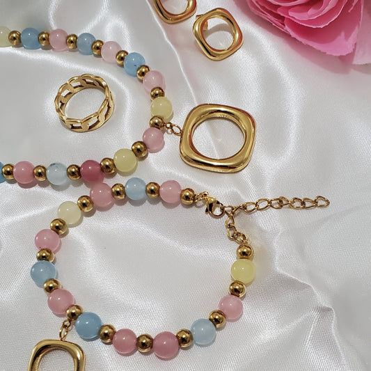 18K Gold Plated Stainless Steel Luxury Pastel Bead Jewelry Set – Necklace, Earrings, Bracelet & Ring (4 pcs)