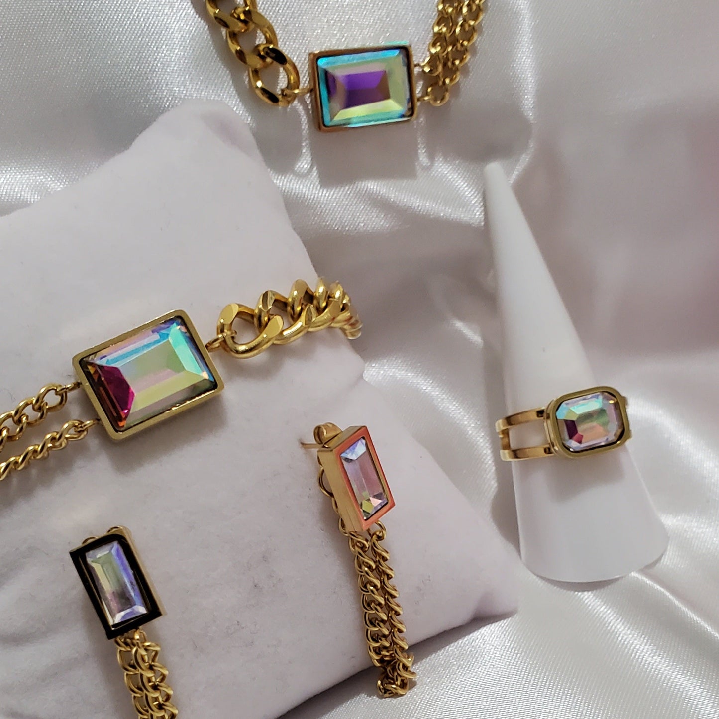 18K Gold Plated Stainless Steel Iridescent Crystal Jewelry Set – Necklace, Earrings, Bracelet & Ring (4 pcs)