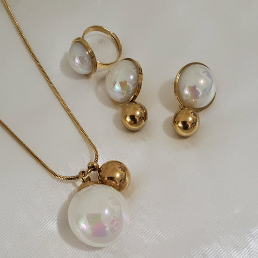 Sphere Ball Jewelry Set | 3pcs Stainless Steel | Necklace, Earrings & Adjustable Ring | White & Black