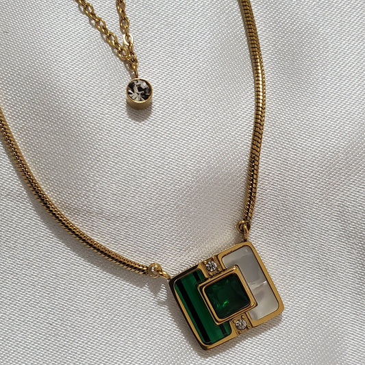 18K Gold Plated Stainless Steel Doble Chain Green Pendant Necklaces