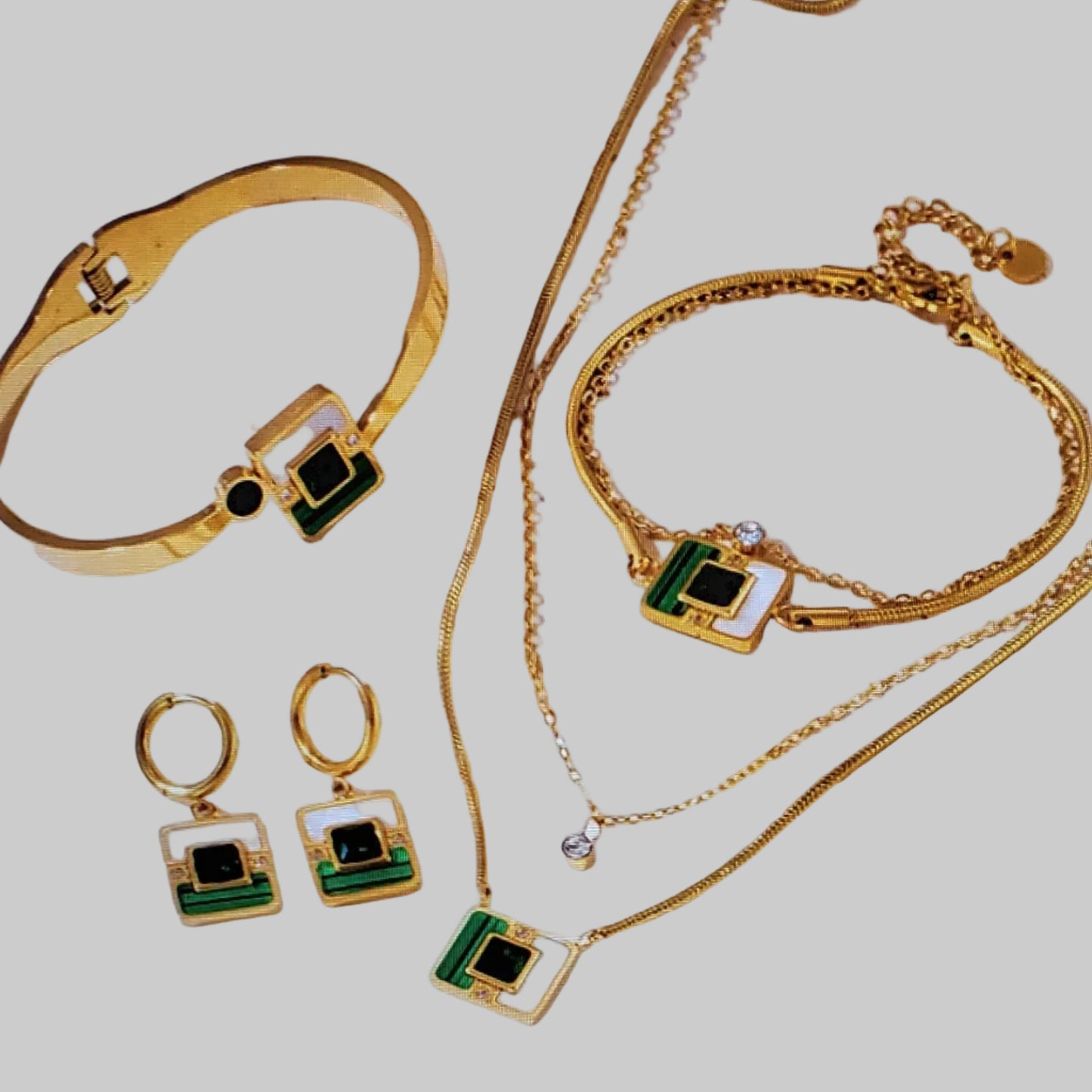 Emerald Green Crystal Stainless Steel 4pcs Necklace Jewelry Set