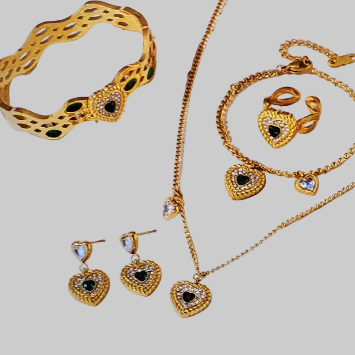 18K Gold Plated Green Emerald Heart Rhinestone 4 pcsJewelry Set
