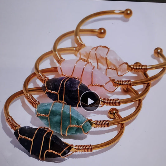 18K Gold Plated Natural Stone Open Bracelet Rope Chain Charm Bangle