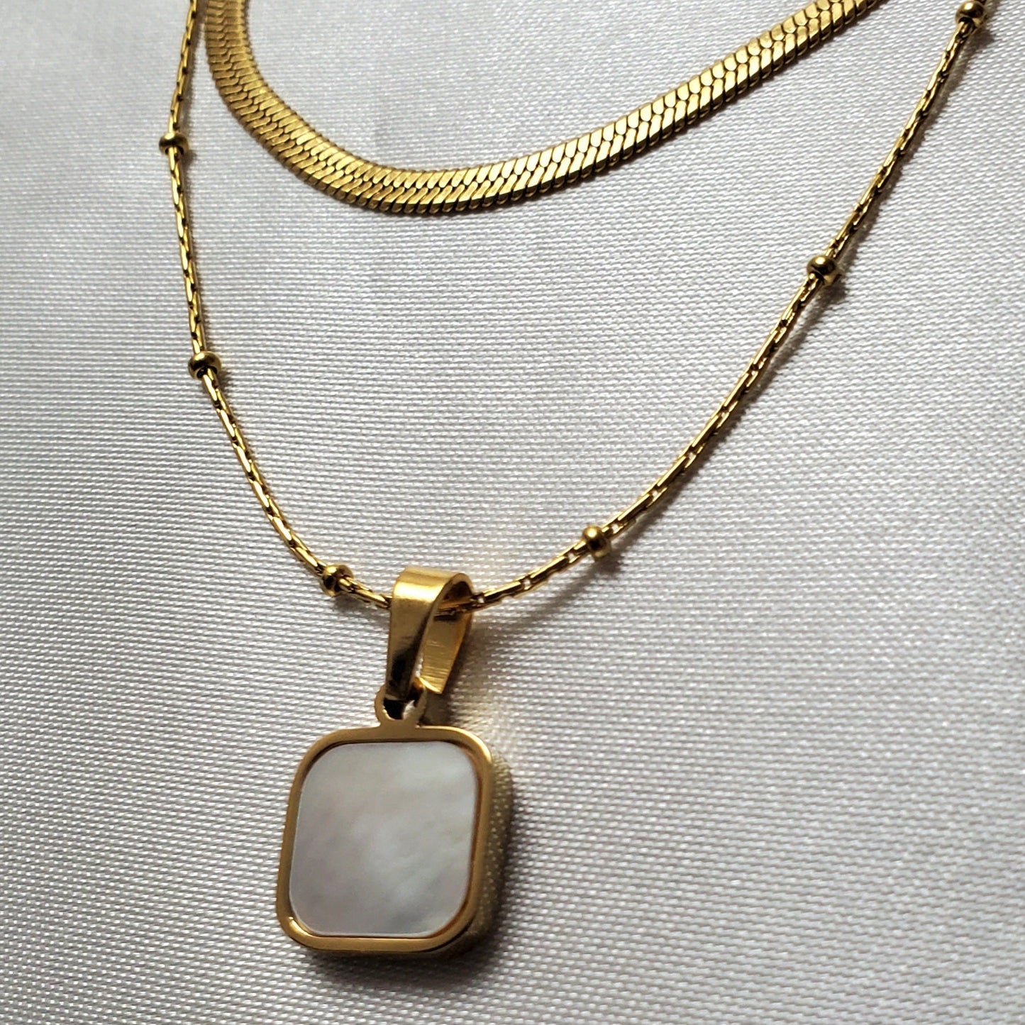 18K Gold Plated Stainless Steel White Charm Double Chain Necklace – 18 in.
