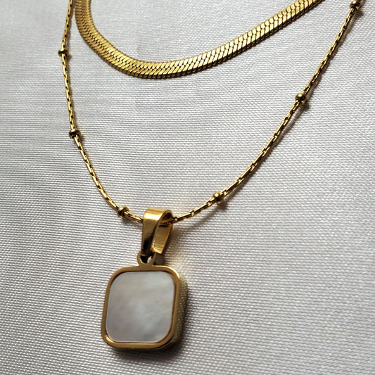 18K Gold Plated Stainless Steel White Charm Double Chain Necklace – 18 in.