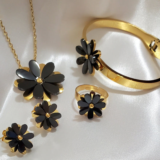 18K Gold Plated Black & Gold Flower 4-Piece Jewelry Set