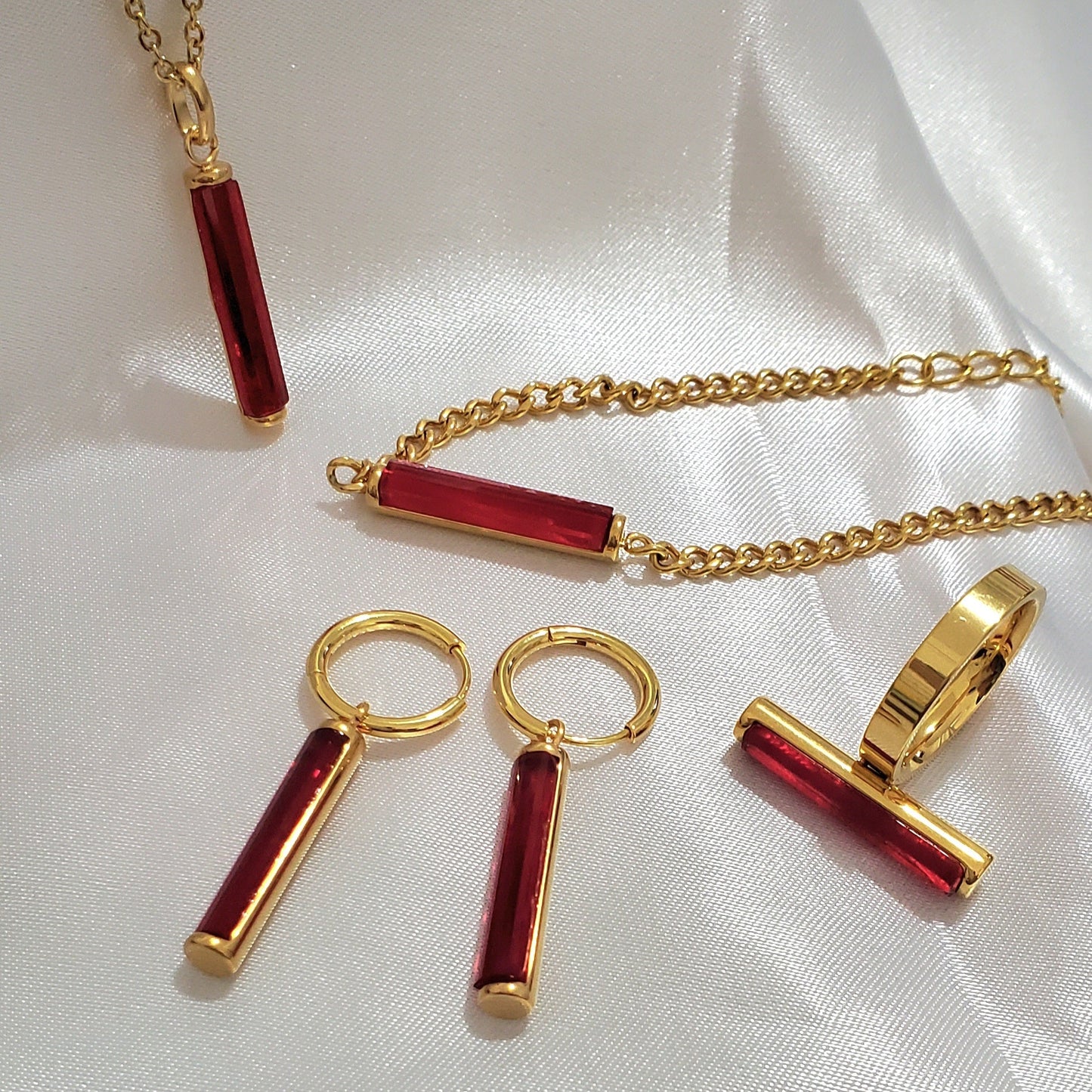18K Gold Plated Stainless Steel Red Baguette CZ Jewelry Set Necklace