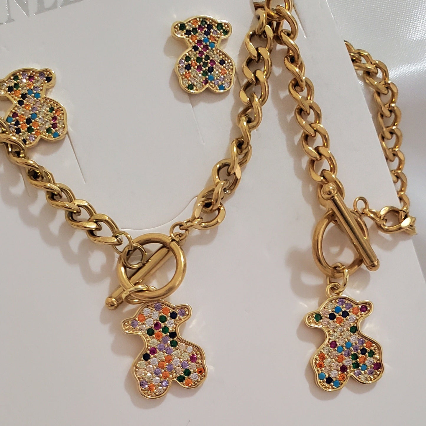 Stainless Steel Colorful Crystal Teddy Bear 3-Piece Jewelry Set
