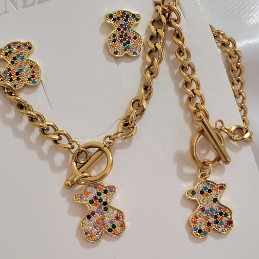 Stainless Steel Colorful Crystal Teddy Bear 3-Piece Jewelry Set