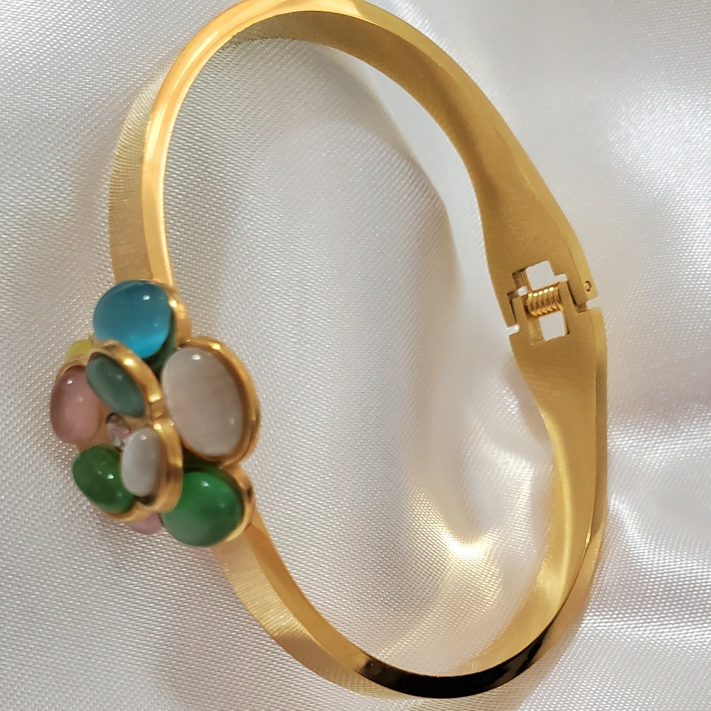 18K Gold Plated Stainless Steel Green MultiFlower Necklace Jewelry Set