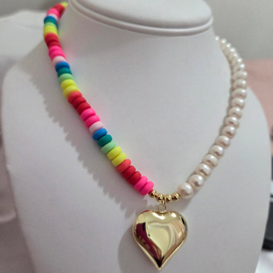 Colorful Heishi Bead Necklace with Real Pearl & Heart Pendant
