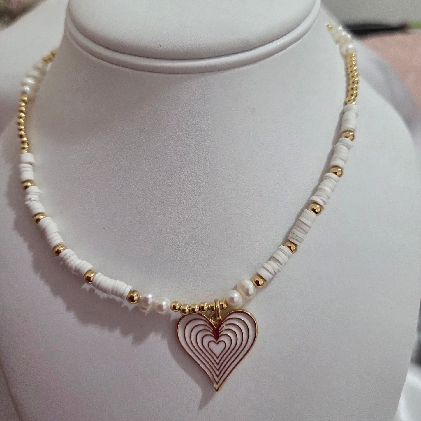 Heart Pendant Necklace Choker – Natural Pearl & Polymer Clay Heishi Beads Jewelry