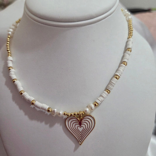 Heart Pendant Necklace Choker – Natural Pearl & Polymer Clay Heishi Beads Jewelry