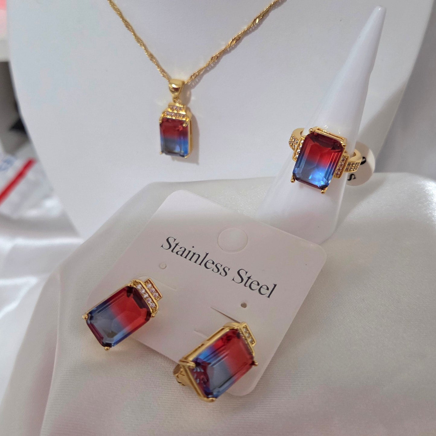 18K Gold Plated Stainless Steel Blue & Red Gradient 3-Piece Jewelry Set