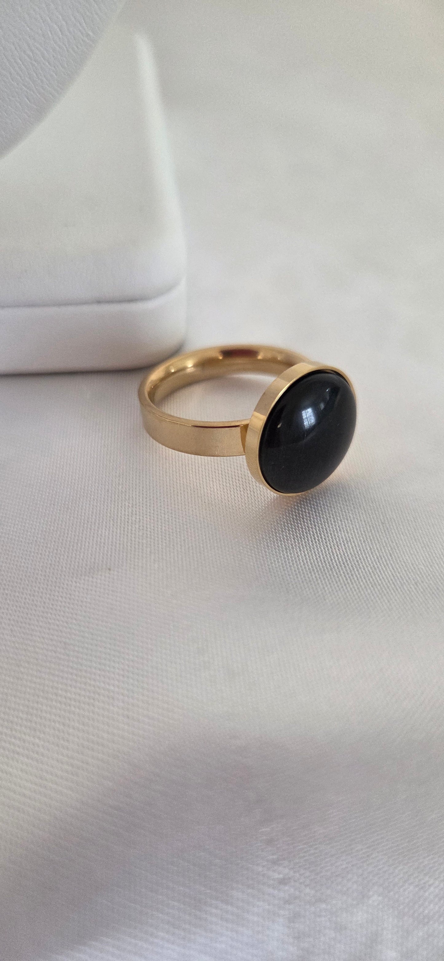 18K Gold Plated Stainless Steel Ring Waterproof Black Stone Minimalist Band