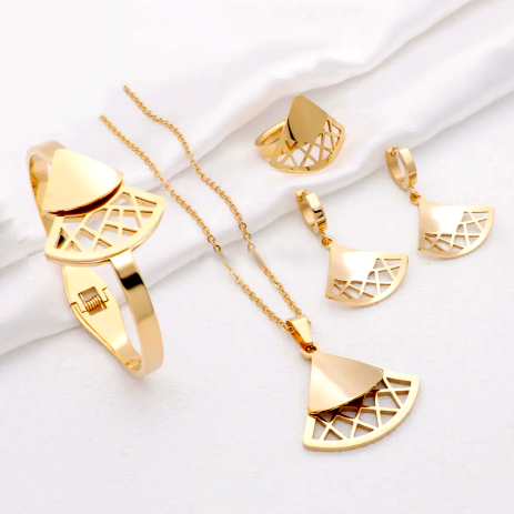 18K Gold Plated Stainless Steel Geometric Jewelry Set – Necklace, Bracelet, Ring & Earrings (4 pcs)