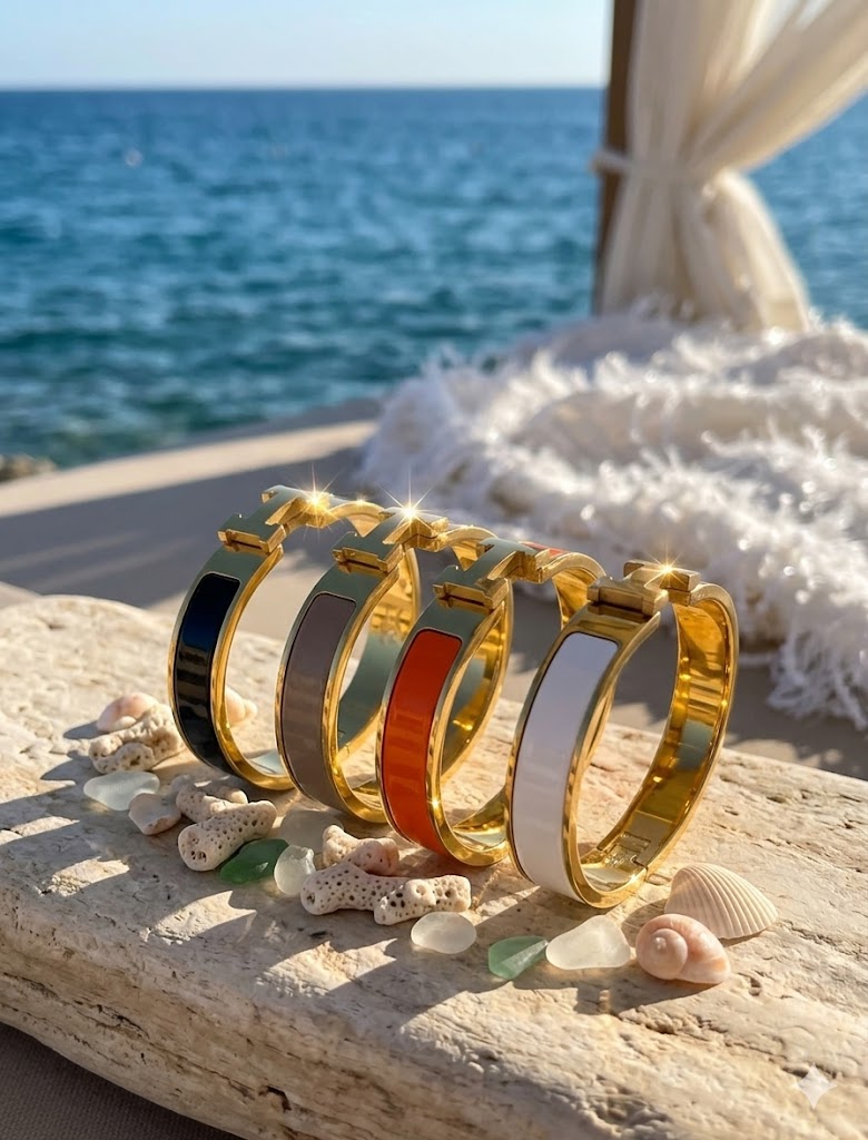 Hermes Style Gold-Plated Enamel White Bangle Bracelet